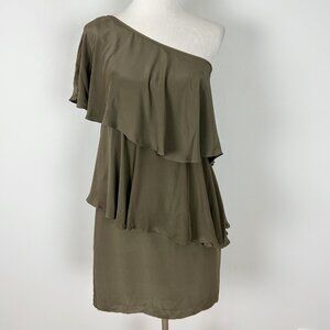 Y2K Annie Griffin Silk Ruffle One Shoulder Dress Olive Green Size 4 Women's